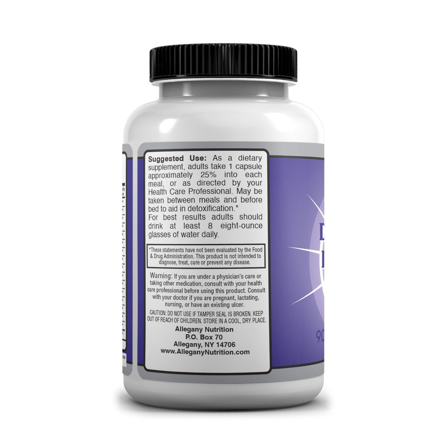 Supplement bottle with a purple and white label showing Suggested Use Facts on a white background