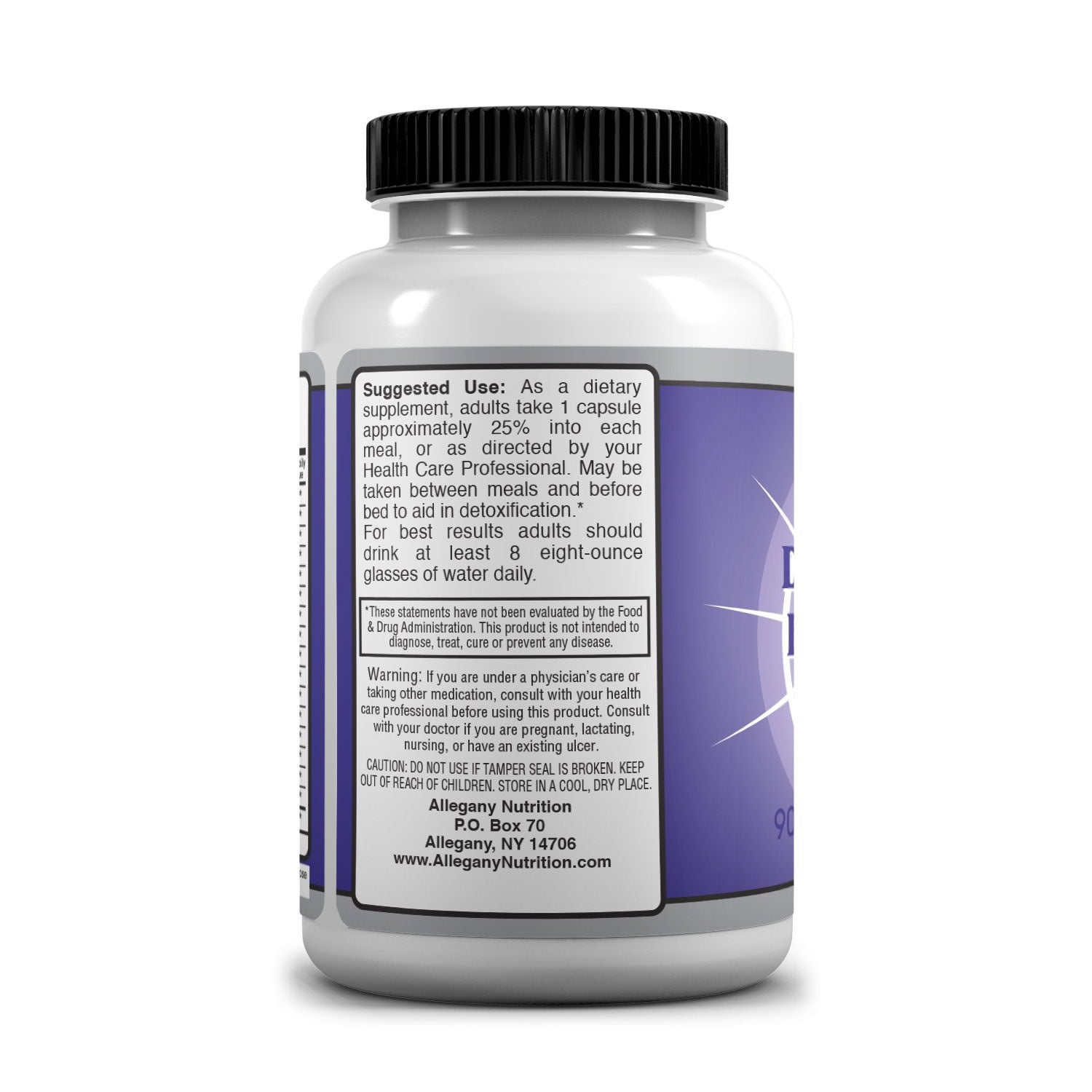 Supplement bottle with a purple and white label showing Suggested Use Facts on a white background