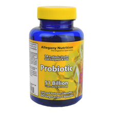 Probiotic supplement bottle with blue and yellow label on a white background