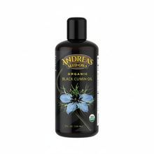 black bottle with yellow gold text and blue flower, Andreas Seed Oils, Organic Black Cumin Oil, USDA Organic 7oz
