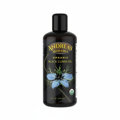 black bottle with yellow gold text and blue flower, Andreas Seed Oils, Organic Black Cumin Oil, USDA Organic 7oz