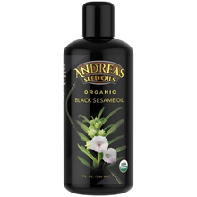 black bottle with yellow gold text and white flowers with greens, Andreas Seed Oils, Organic Black Sesame Oil, USDA Organic 7oz