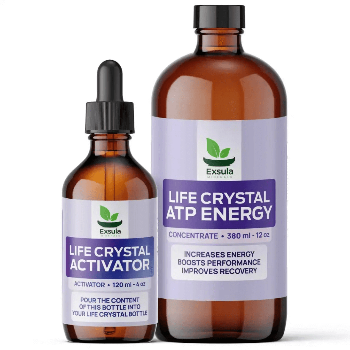 Two Exsula Superfoods bottles, one for ATP Energy and one Life Crystal Activator, promoting energy and recovery.