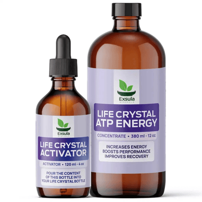 Two Exsula Superfoods bottles, one for ATP Energy and one Life Crystal Activator, promoting energy and recovery.