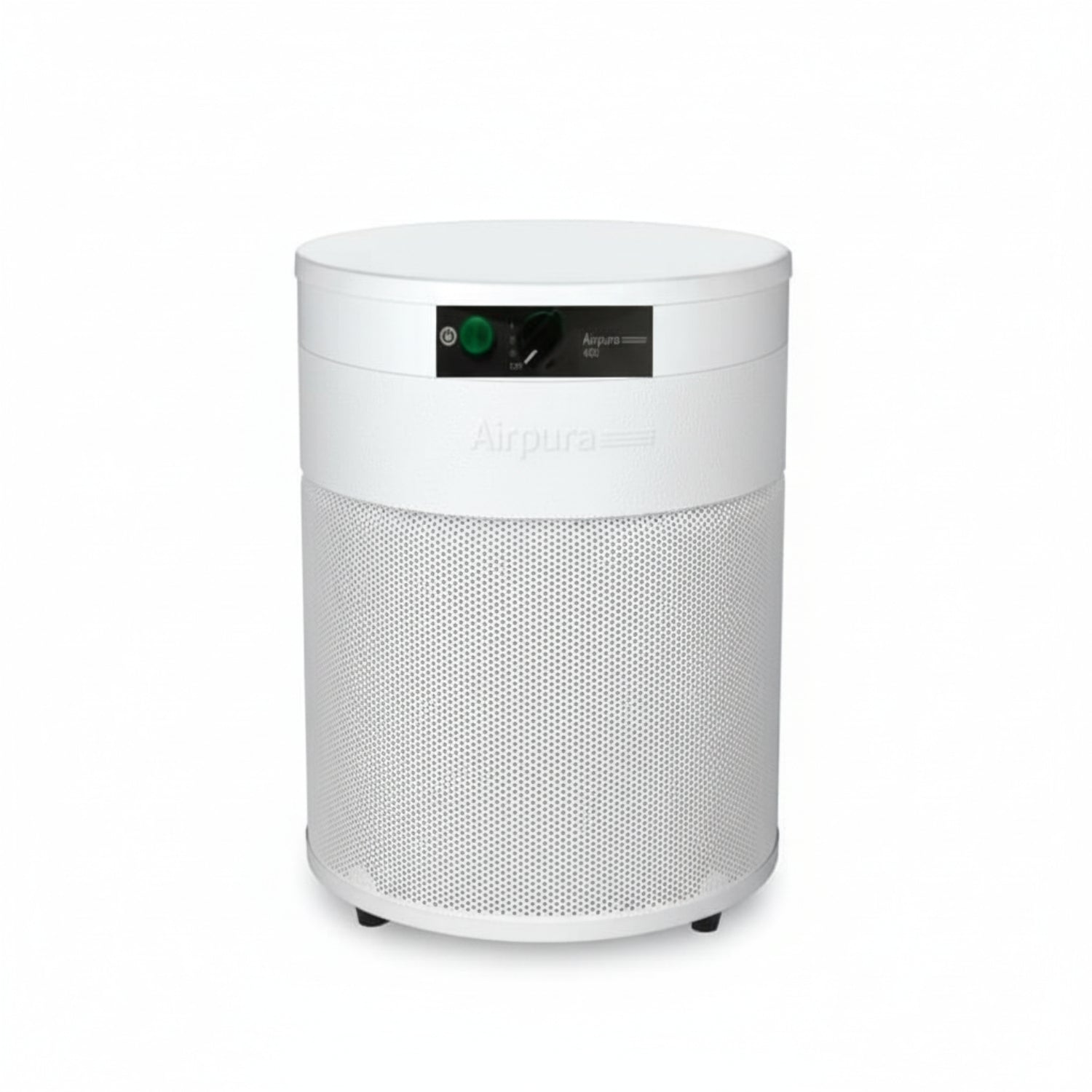 white air purifier shaped like a cylinder with black wheels, Airpura R400 Air Purifier on white background