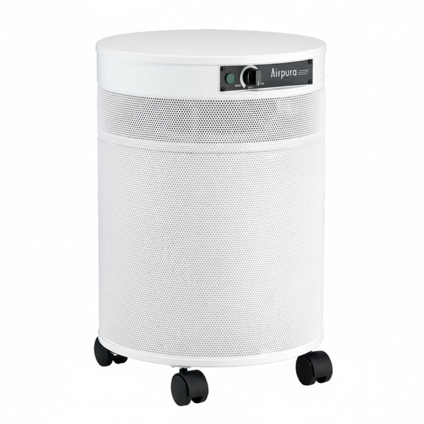 white air purifier shaped like a cylinder with black wheels, Airpura V600 Air Purifier on white background