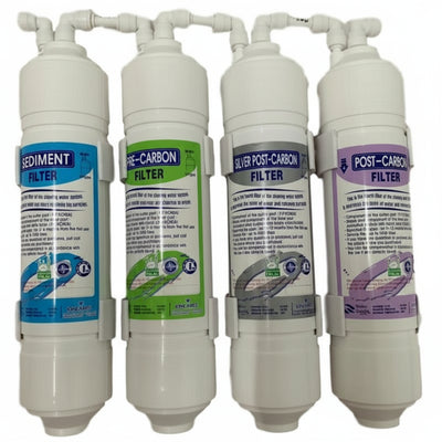 four water filters for Avesa Water System, Sediment Filter (blue label), Pre-Carbon Filter (green label), Silver Post-Carbon Filter (silver label), Post-Carbon Filter (purple label)