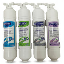 four water filters for Avesa Water System, Sediment Filter (blue label), Pre-Carbon Filter (green label), Silver Post-Carbon Filter (silver label), Post-Carbon Filter (purple label)