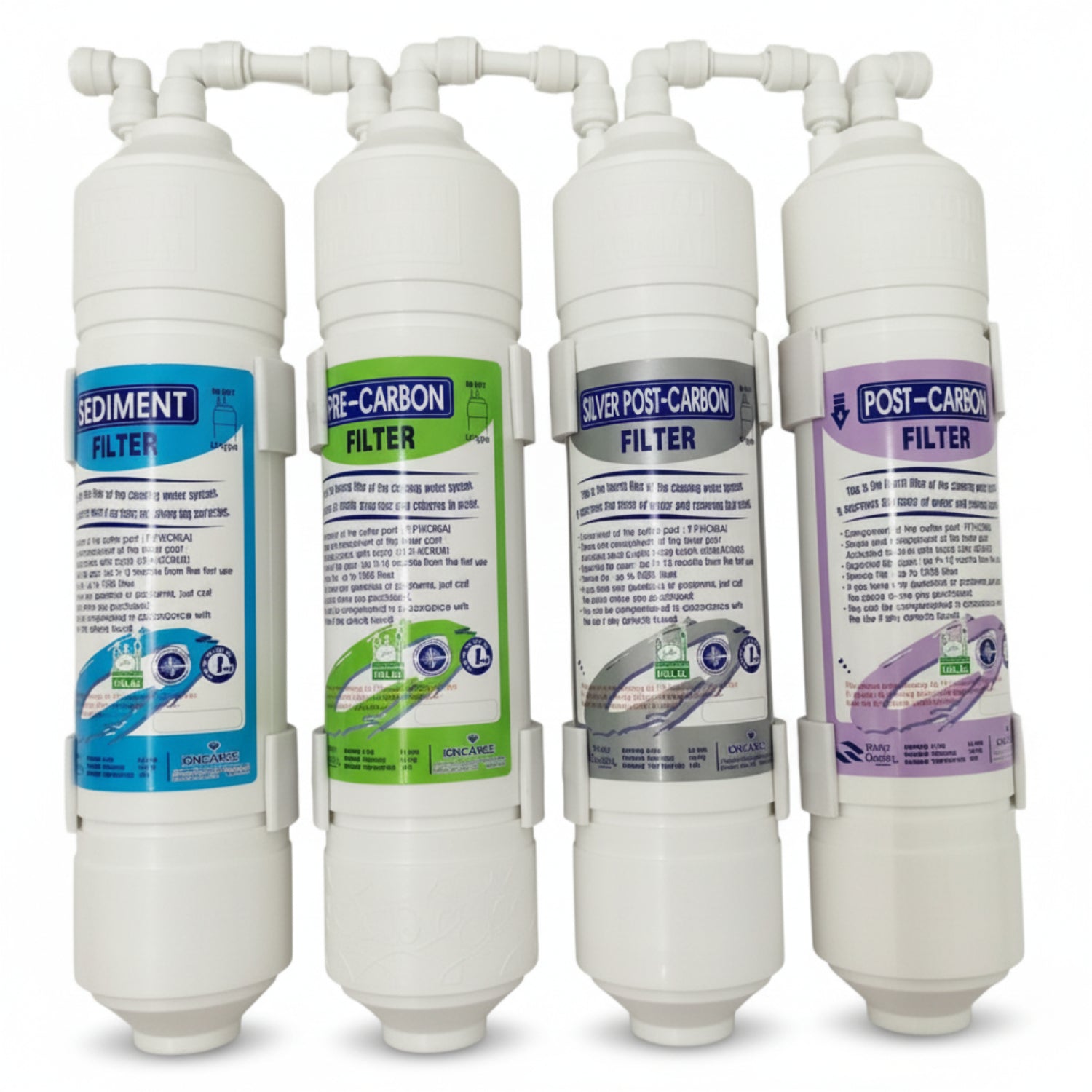 four water filters for Avesa Water System, Sediment Filter (blue label), Pre-Carbon Filter (green label), Silver Post-Carbon Filter (silver label), Post-Carbon Filter (purple label)