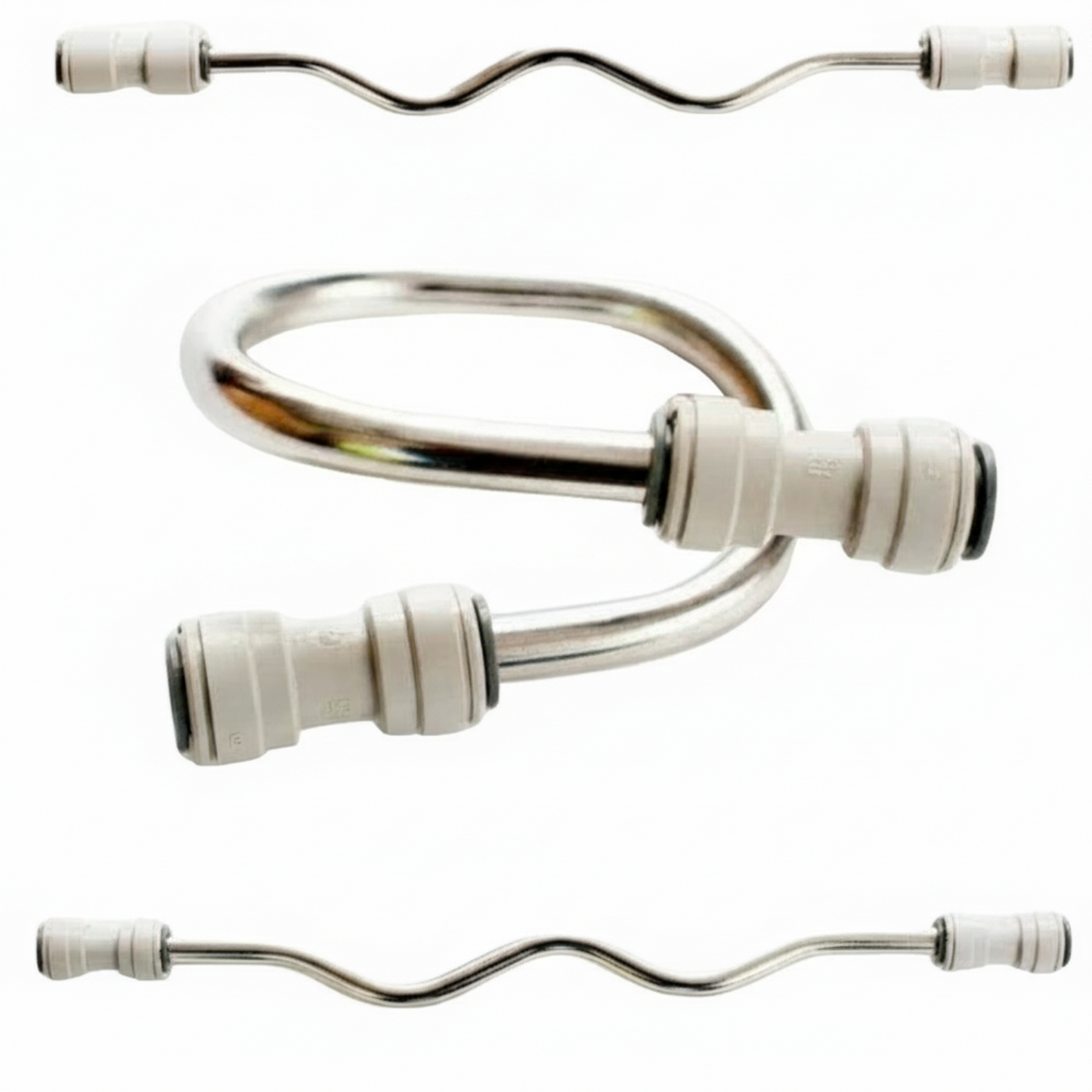 Set of metallic and white hoses on a white background