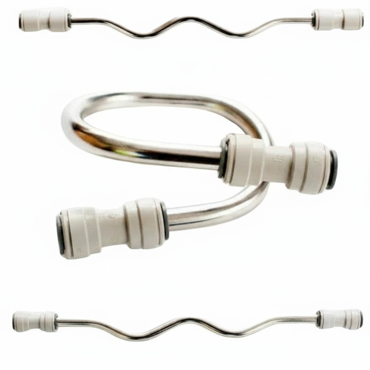 Set of metallic and white hoses on a white background