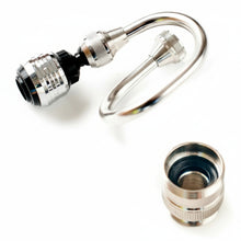 Metallic faucet handle and connector on a white background