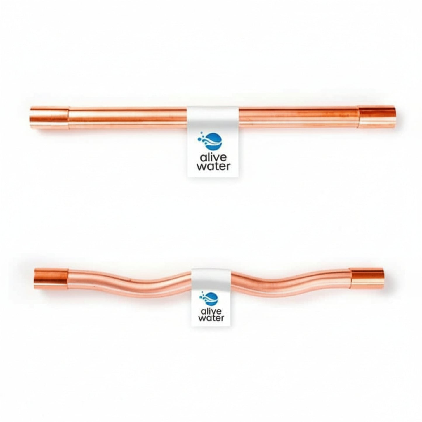 Two copper water bottles with 'alive water' branding on a white background