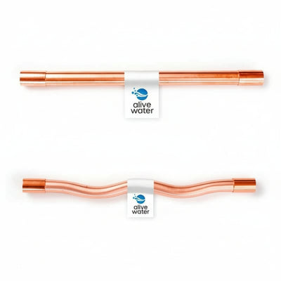 Two copper water bottles with 'alive water' branding on a white background