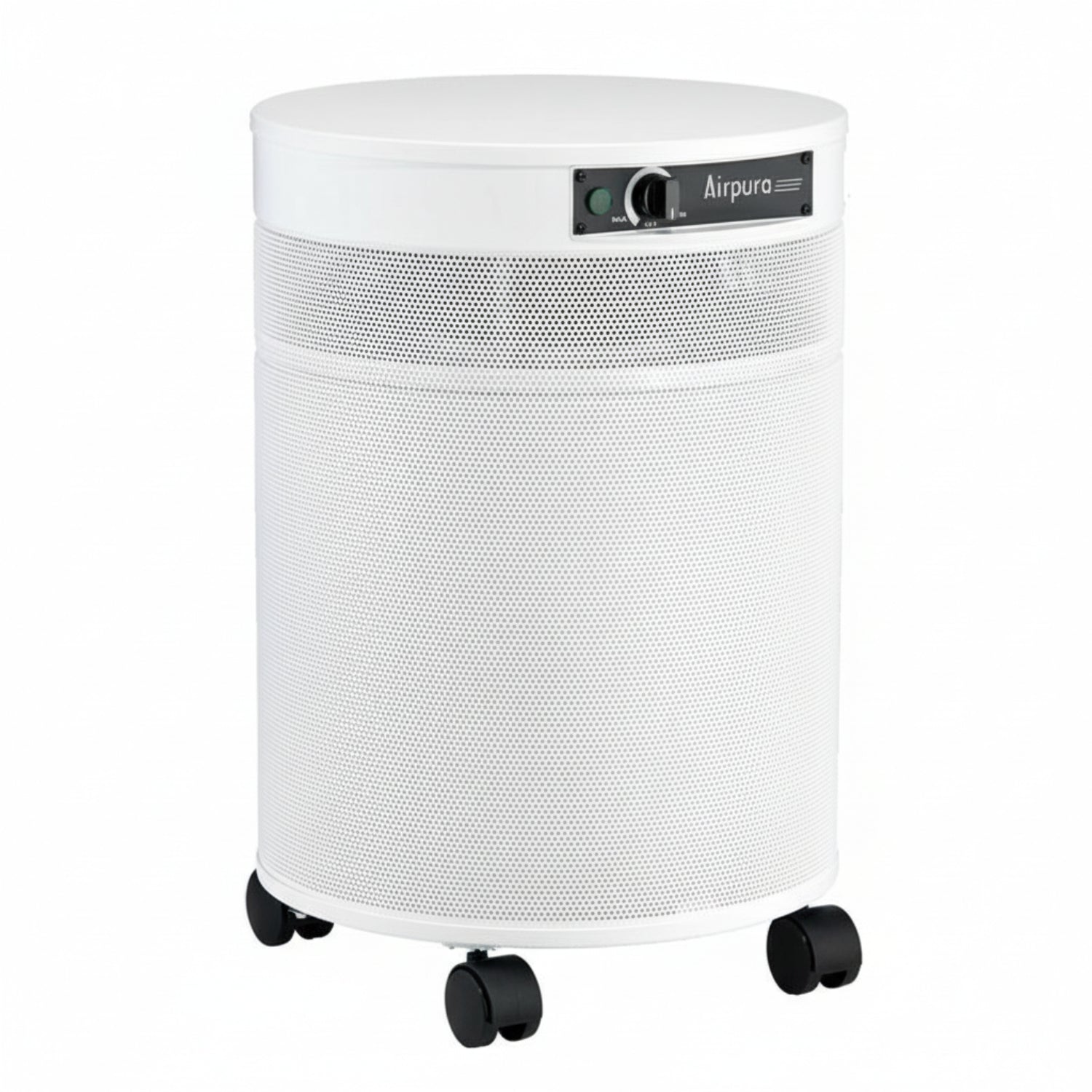 white air purifier shaped like a cylinder with black wheels, Airpura UV600 Air Purifier on white background