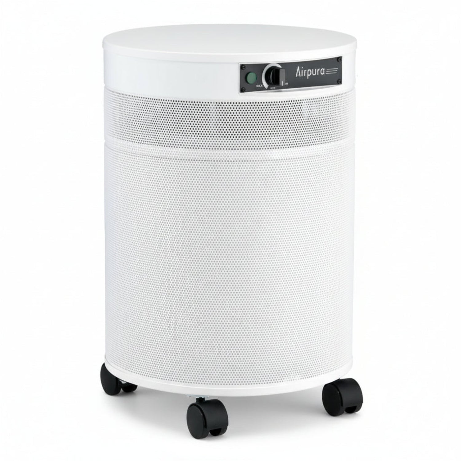 white air purifier shaped like a cylinder with black wheels, Airpura C600 Chemical and Gas Abatement Air Purifier on white background