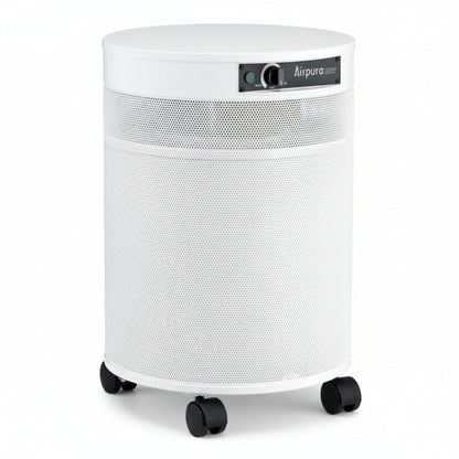 white air purifier shaped like a cylinder with black wheels, Airpura C600 Chemical and Gas Abatement Air Purifier on white background