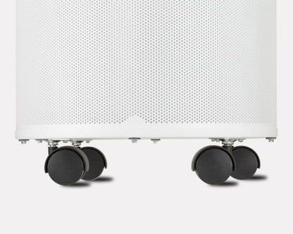White textured box with black wheels on a white background