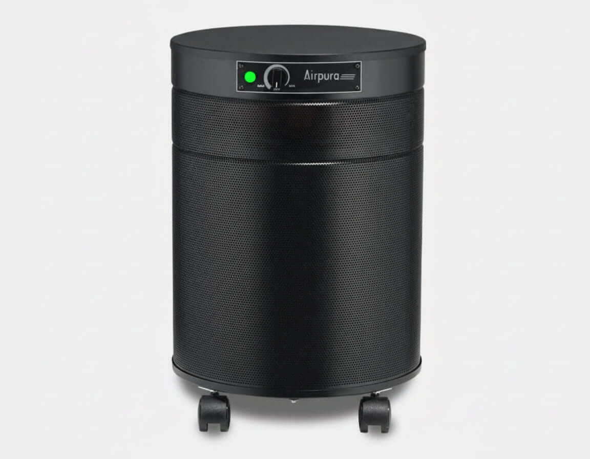 Airpura C600 air purifier for gas and odor abatement, featuring a sleek black design and movable wheels.