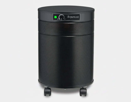 Airpura C600 air purifier for gas and odor abatement, featuring a sleek black design and movable wheels.