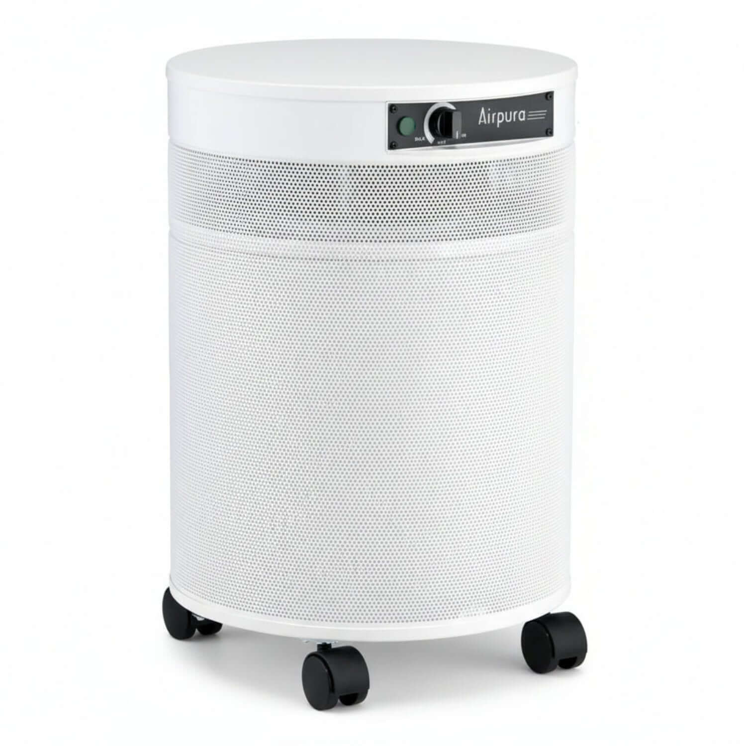 Airpura C600 air purifier for gas and odor abatement, featuring a sleek white design and easy mobility with wheels.