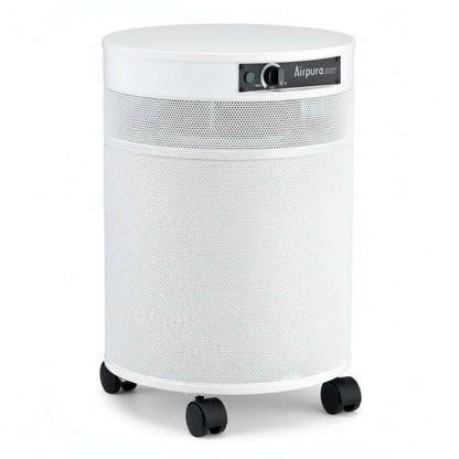 Airpura C600 air purifier for gas and odor abatement, featuring a sleek white design and easy mobility with wheels.