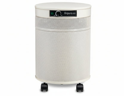 white air purifier shaped like a cylinder with black wheels, Airpura C600 DLX - Chemicals and Gas Abatement Plus Air Purifier on white background