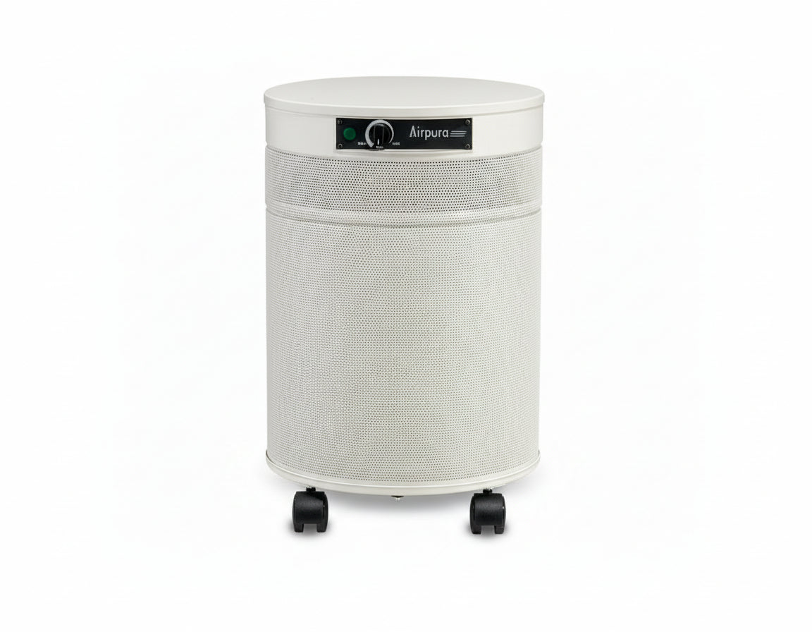 white air purifier shaped like a cylinder with black wheels, Airpura C600 DLX - Chemicals and Gas Abatement Plus Air Purifier on white background