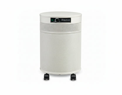 white air purifier shaped like a cylinder with black wheels, Airpura C600 DLX - Chemicals and Gas Abatement Plus Air Purifier on white background