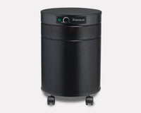Black air purifier with 'Airpura' branding on a white background