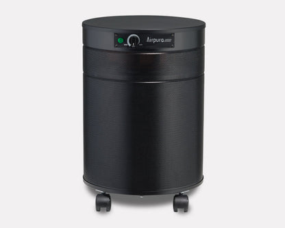 Black air purifier with 'Airpura' branding on a white background