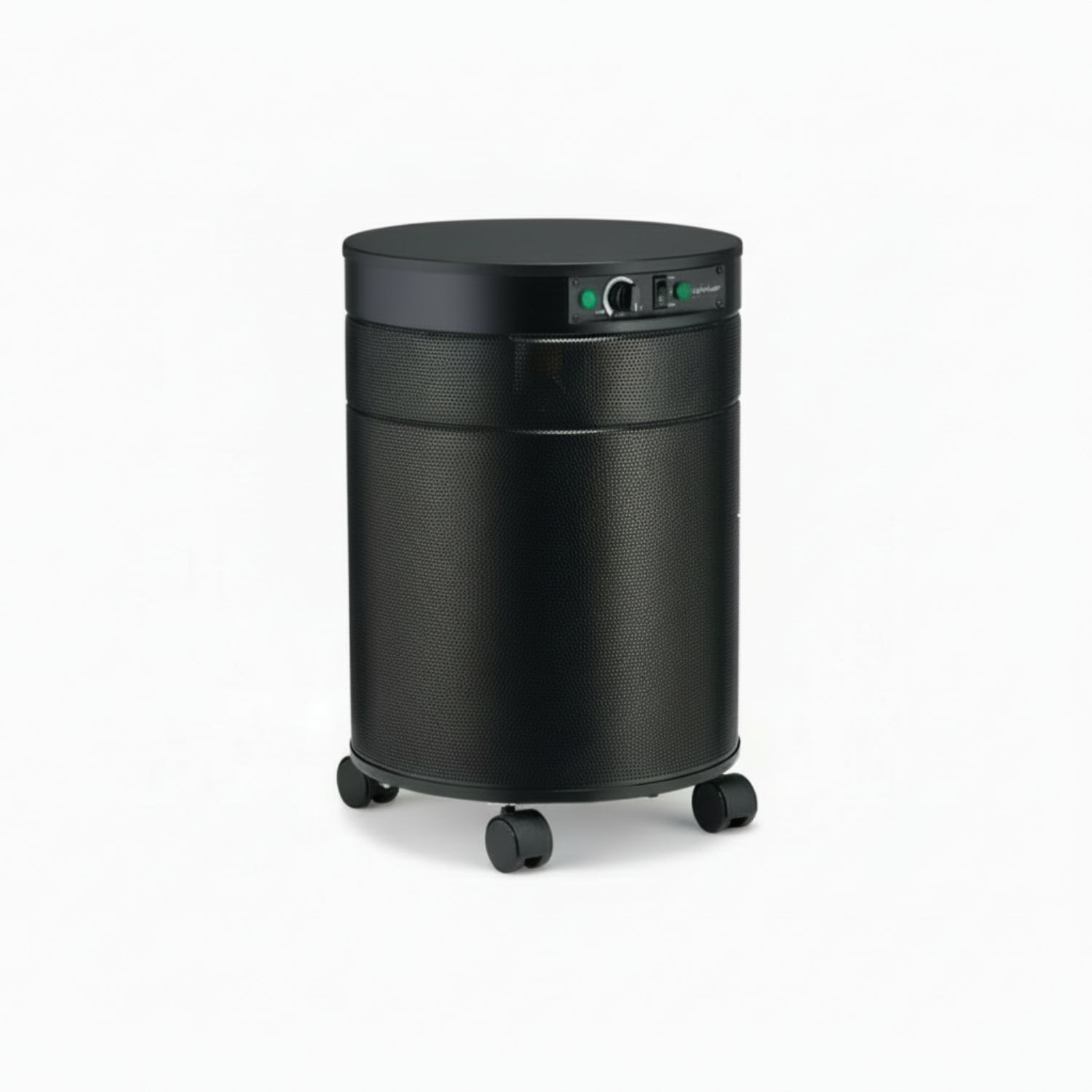 black air purifier shaped like a cylinder with black wheels, Airpura F600DLX Air Purifier on white background