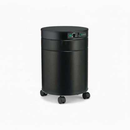 black air purifier shaped like a cylinder with black wheels, Airpura F600DLX Air Purifier on white background