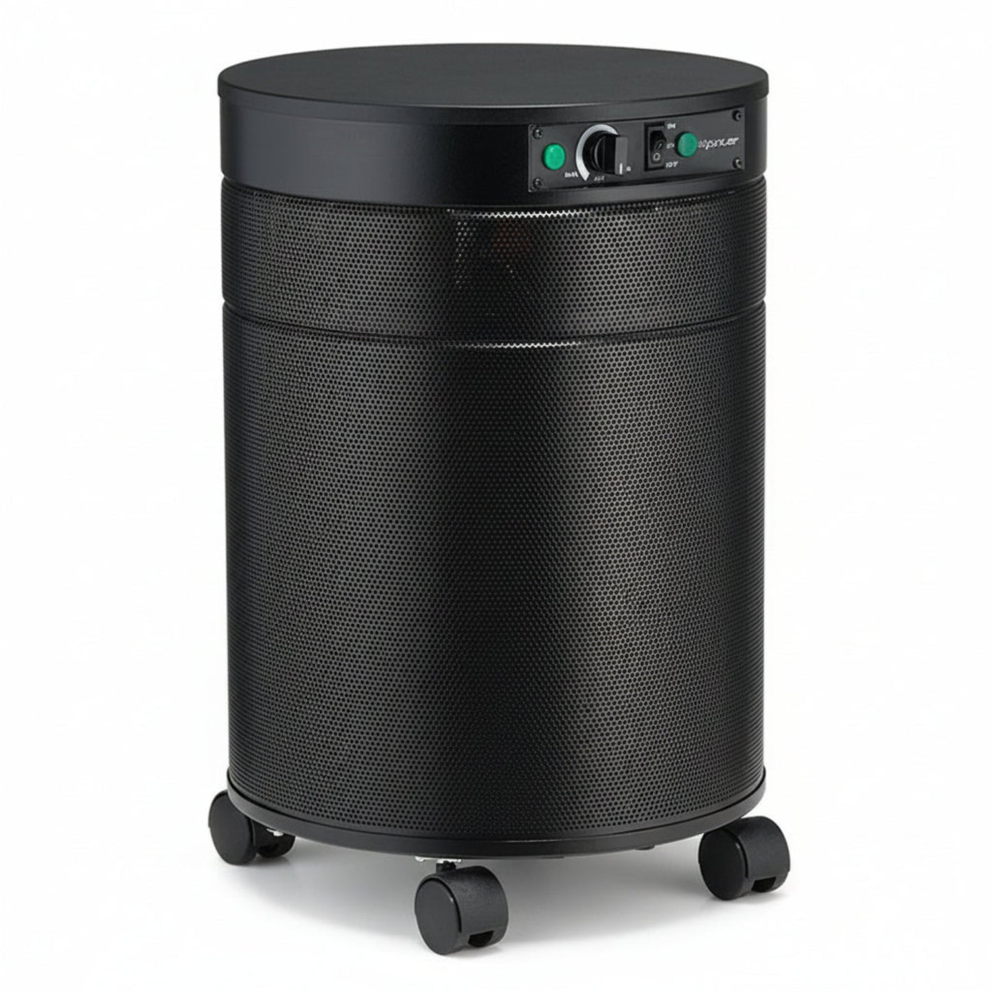 black air purifier shaped like a cylinder with black wheels, Airpura F600DLX Air Purifier on white background