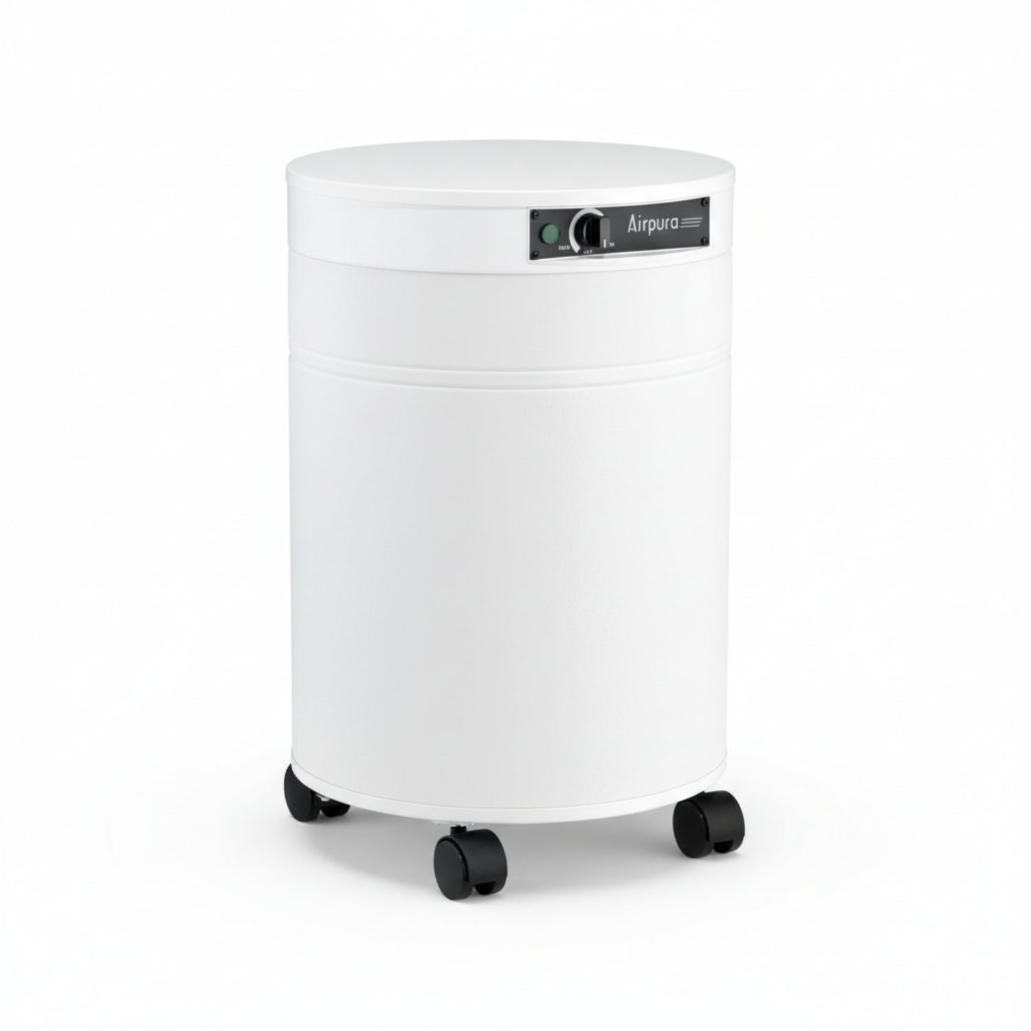 white air purifier shaped like a cylinder with black wheels, Airpura F600 - Formaldehyde, VOCs and Particles Air Purifier on white background