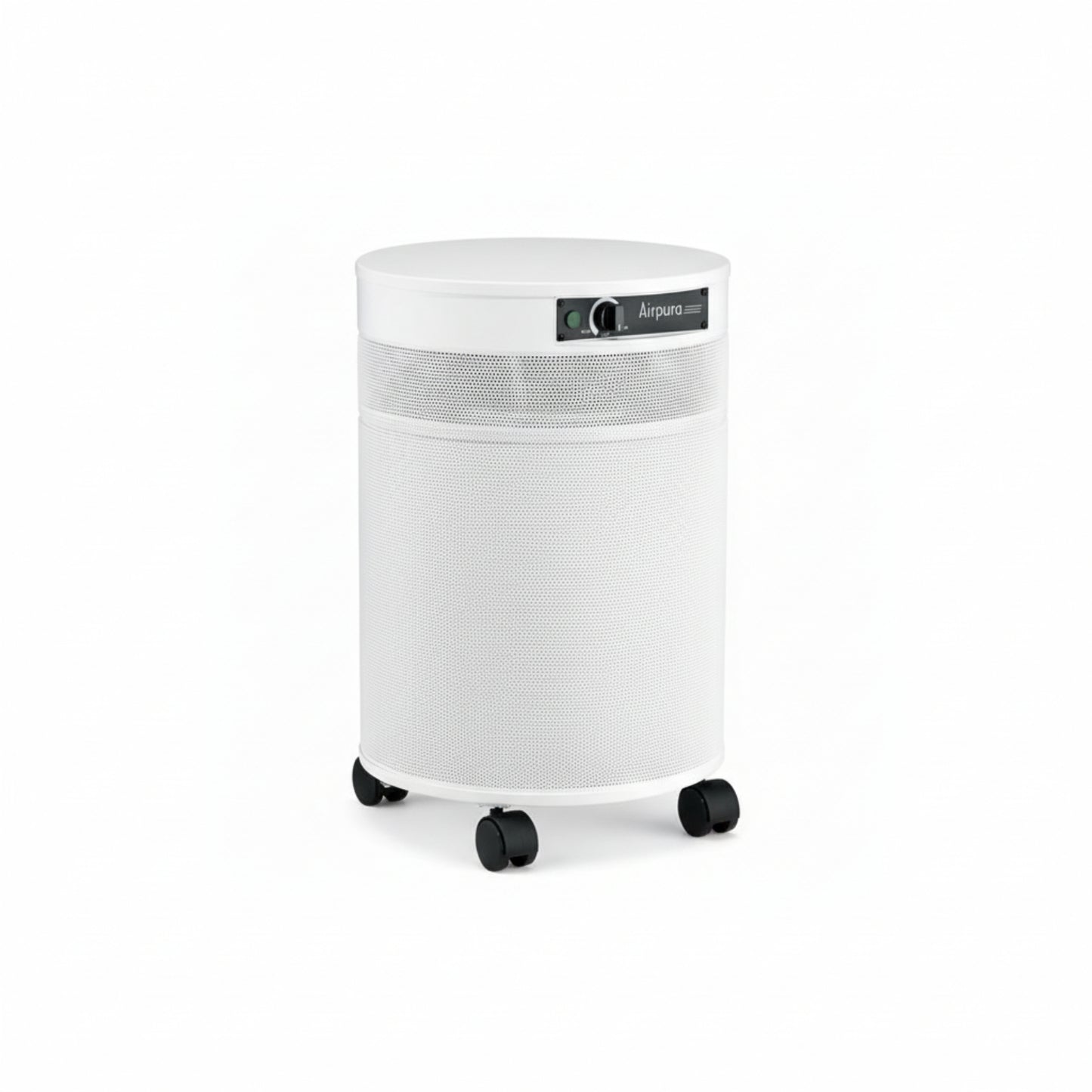 white air purifier shaped like a cylinder with black wheels, Airpura F600 - Formaldehyde, VOCs and Particles Air Purifier on white background
