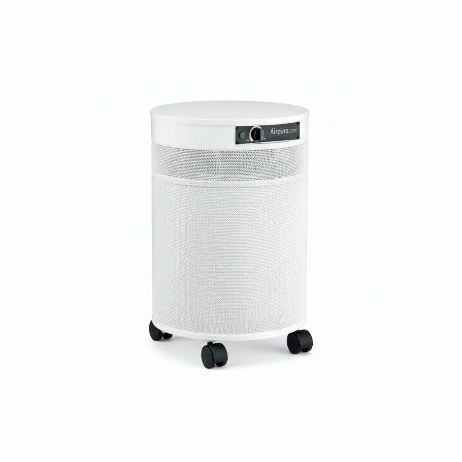 white air purifier shaped like a cylinder with black wheels, Airpura F600 - Formaldehyde, VOCs and Particles Air Purifier on white background
