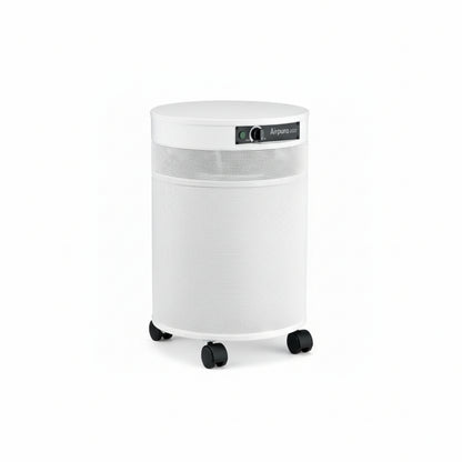white air purifier shaped like a cylinder with black wheels, Airpura F600 - Formaldehyde, VOCs and Particles Air Purifier on white background