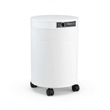 white air purifier shaped like a cylinder with black wheels, Airpura F600 - Formaldehyde, VOCs and Particles Air Purifier on white background