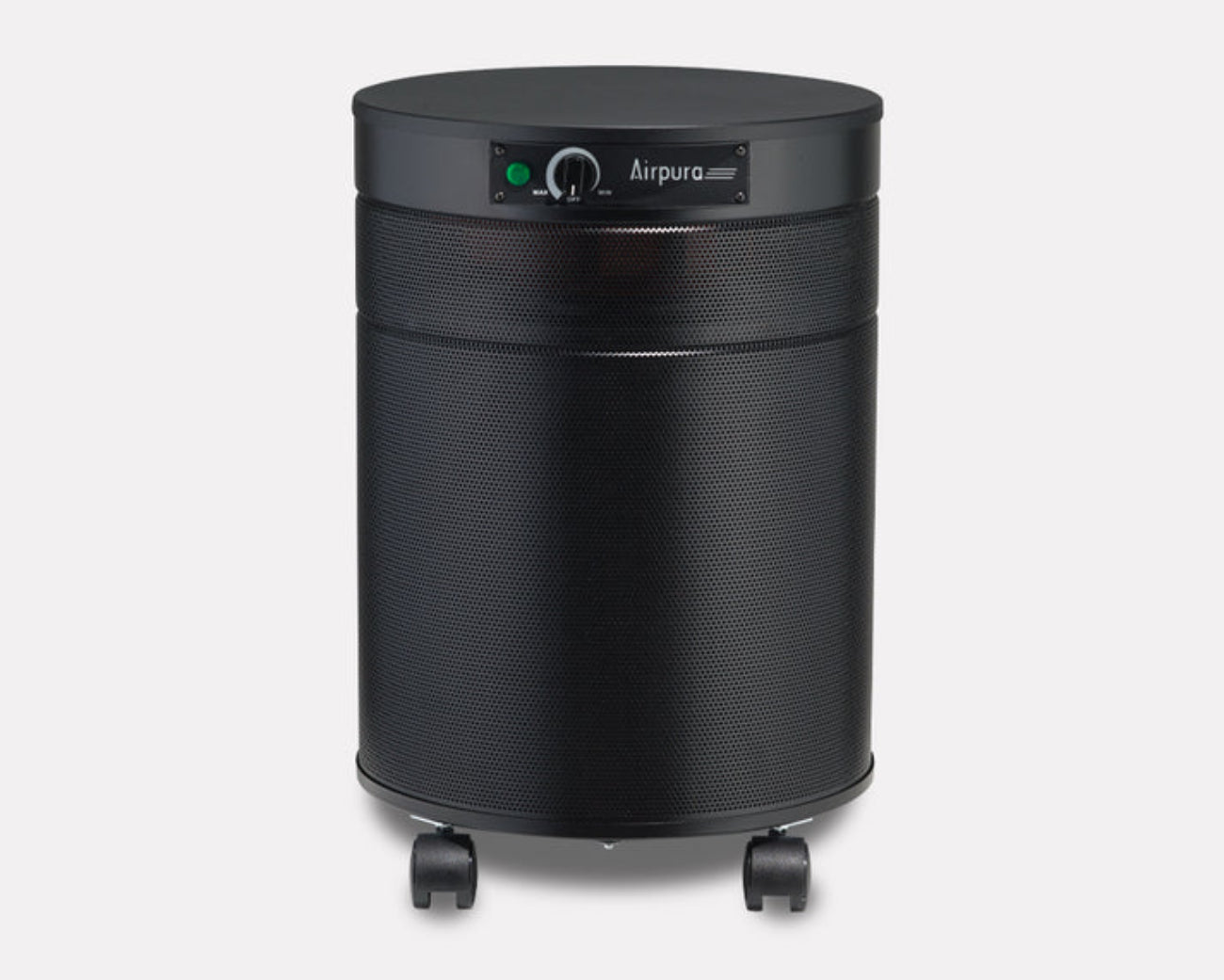 Black air purifier with 'Airpura' branding on a white background