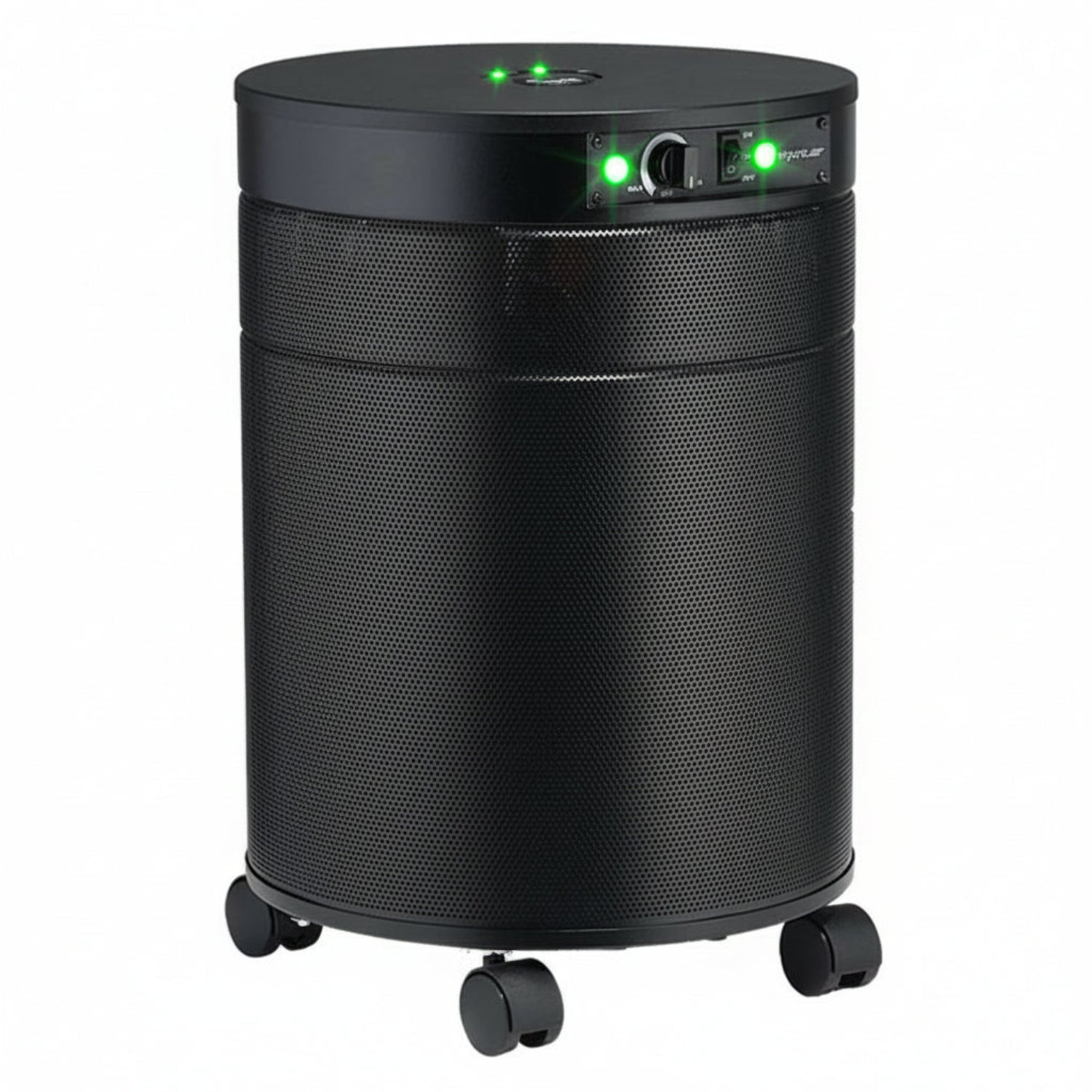 black air purifier shaped like a cylinder with black wheels, Airpura G600DLX - Odor-Free Carbon for the Chemically Sensitive (MCS)- Plus Air Purifier on white background
