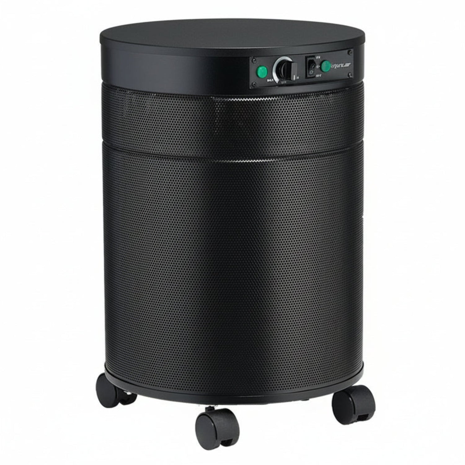black air purifier shaped like a cylinder with black wheels, Airpura G600DLX - Odor-Free Carbon for the Chemically Sensitive (MCS)- Plus Air Purifier on white background