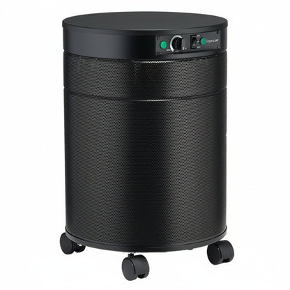black air purifier shaped like a cylinder with black wheels, Airpura G600DLX - Odor-Free Carbon for the Chemically Sensitive (MCS)- Plus Air Purifier on white background