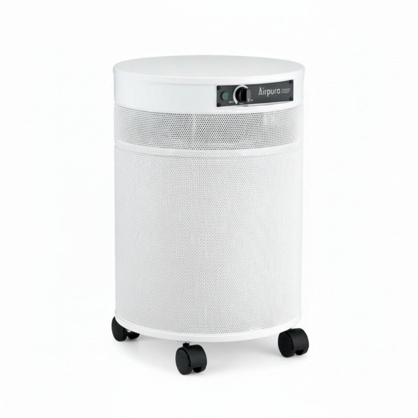 white air purifier shaped like a cylinder with black wheels, Airpura G600 - Odor-Free Carbon for Chemically Sensitive (MCS) Air Purifier on white background