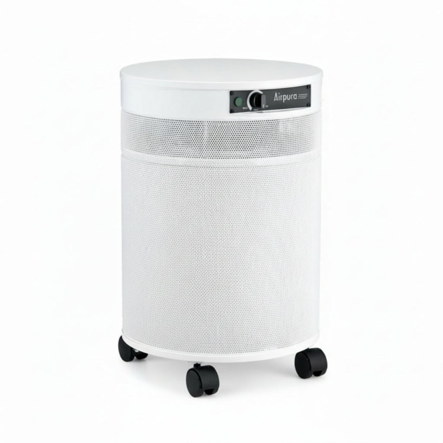 white air purifier shaped like a cylinder with black wheels, Airpura G600 - Odor-Free Carbon for Chemically Sensitive (MCS) Air Purifier on white background