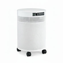 white air purifier shaped like a cylinder with black wheels, Airpura G600 - Odor-Free Carbon for Chemically Sensitive (MCS) Air Purifier on white background