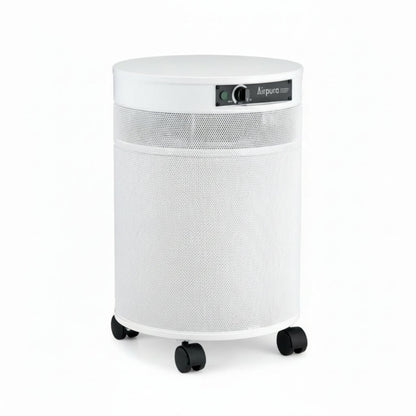 white air purifier shaped like a cylinder with black wheels, Airpura G600 - Odor-Free Carbon for Chemically Sensitive (MCS) Air Purifier on white background