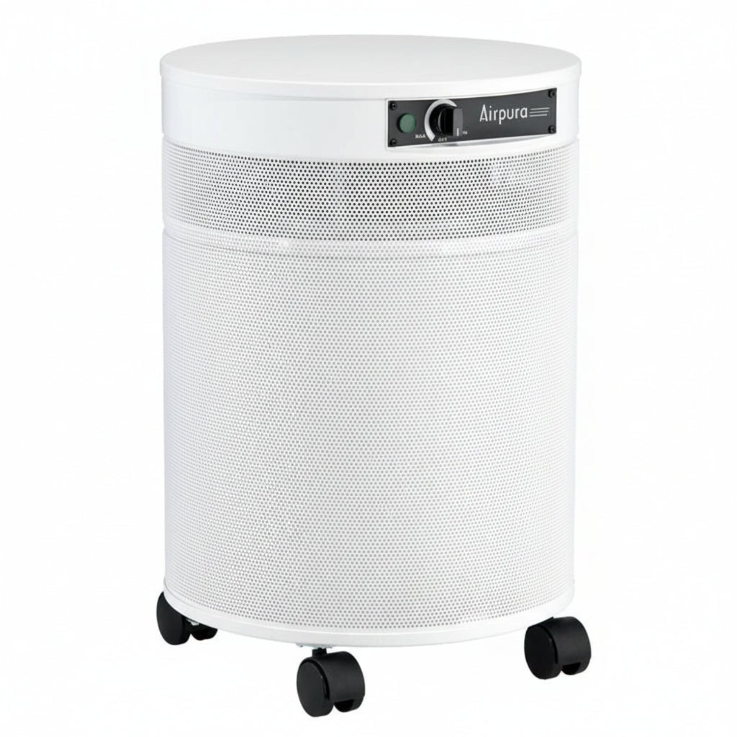 white air purifier shaped like a cylinder with black wheels, Airpura G600 - Odor-Free Carbon for Chemically Sensitive (MCS) Air Purifier on white background