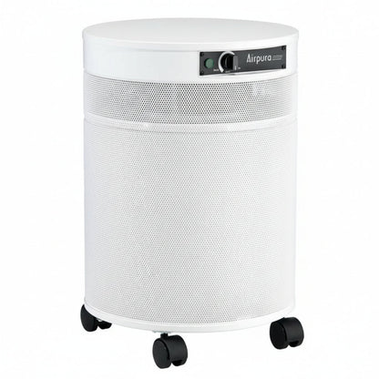 white air purifier shaped like a cylinder with black wheels, Airpura G600 - Odor-Free Carbon for Chemically Sensitive (MCS) Air Purifier on white background