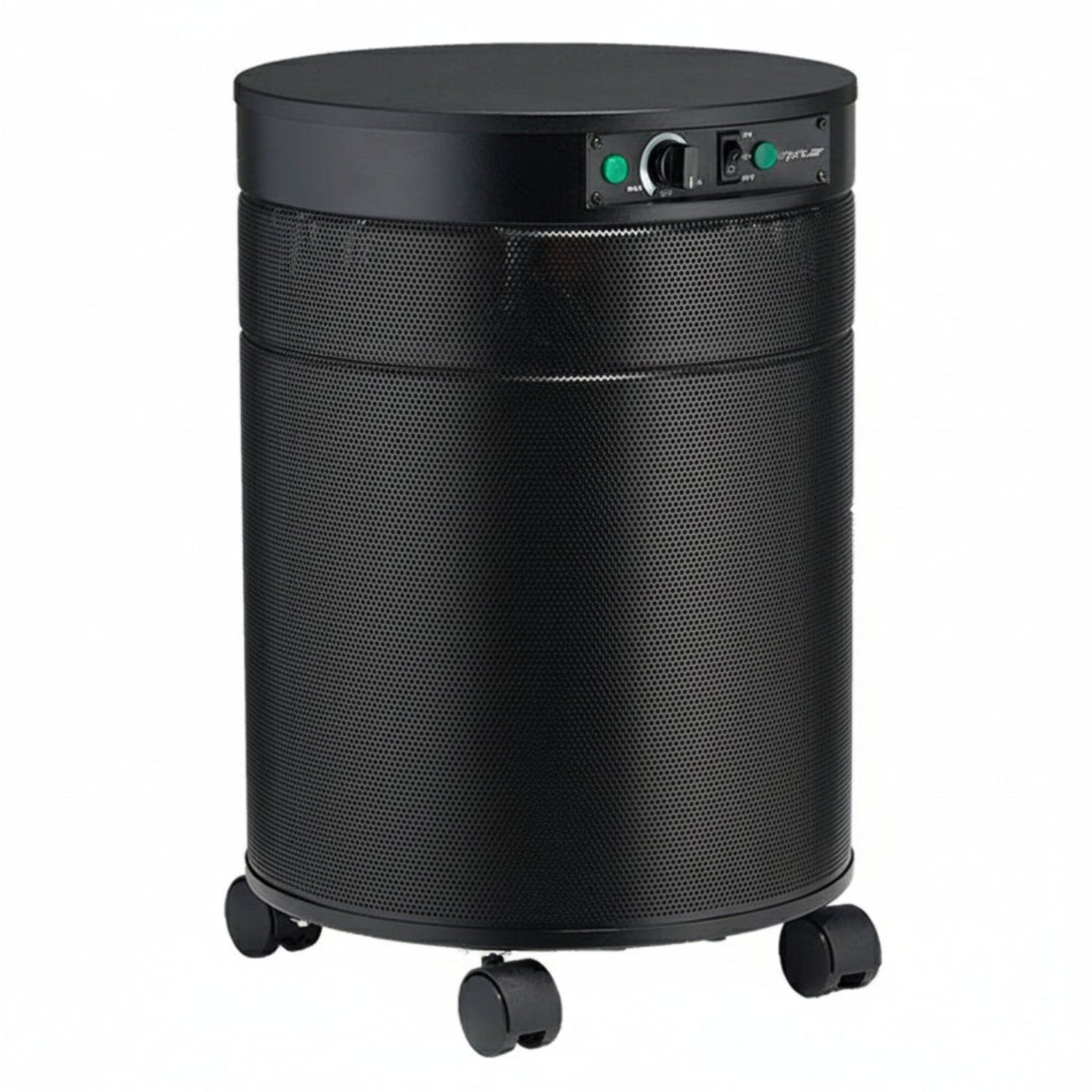 black air purifier shaped like a cylinder with black wheels, Airpura I600 - HEPA Air Purifier on white background